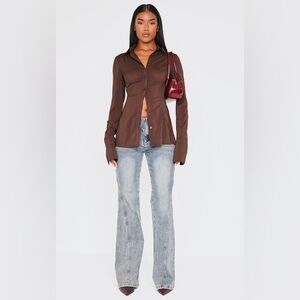 PrettyLittleThing Chocolate Chiffon Fitted Shirt Size 10/L